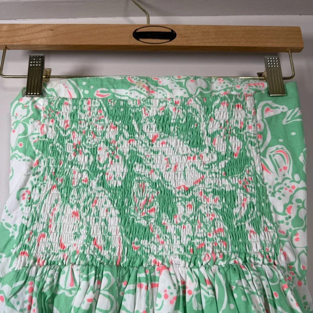 Lilly Pulitzer Strapless Dress Women's XS Green Floral Print Smocked Pleated - Picture 8 of 16
